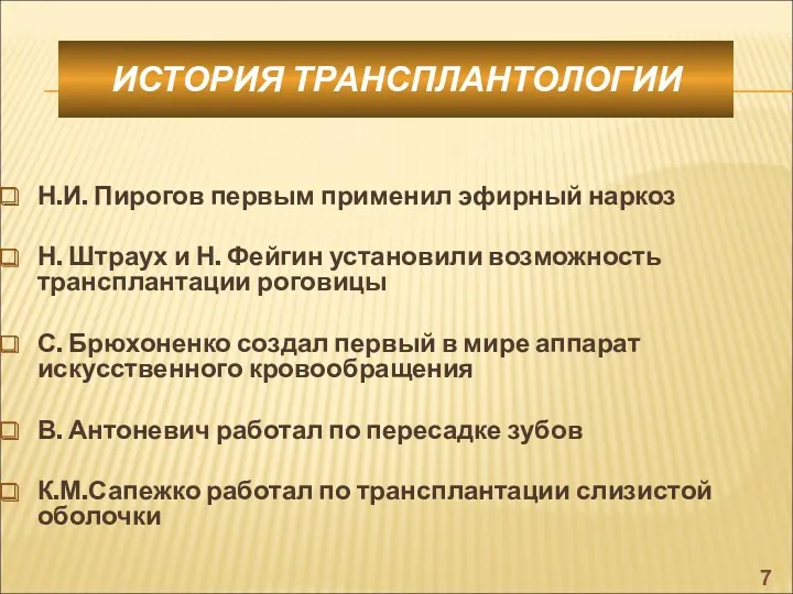 ИСТОРИЯ ТРАНСПЛАНТОЛОГИИ Н.И. Пирогов первым применил эфирный наркоз Н. Штраух