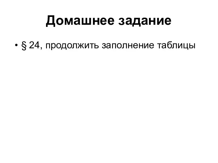 Домашнее задание § 24, продолжить заполнение таблицы