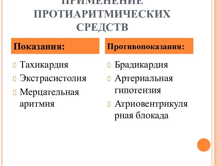 ПРИМЕНЕНИЕ ПРОТИАРИТМИЧЕСКИХ СРЕДСТВ Тахикардия Экстрасистолия Мерцательная аритмия Брадикардия Артериальная гипотензия Атриовентрикулярная блокада Показания: Противопоказания: