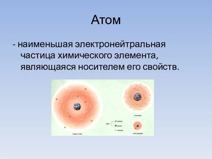 Атом - наименьшая электронейтральная частица химического элемента, являющаяся носителем его свойств.