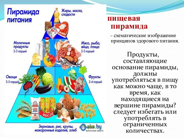 пищевая пирамида – схематические изображение принципов здорового питания. Продукты, составляющие