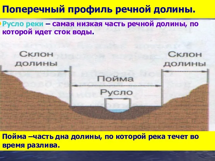 Поперечный профиль речной долины. Пойма –часть дна долины, по которой река течет во