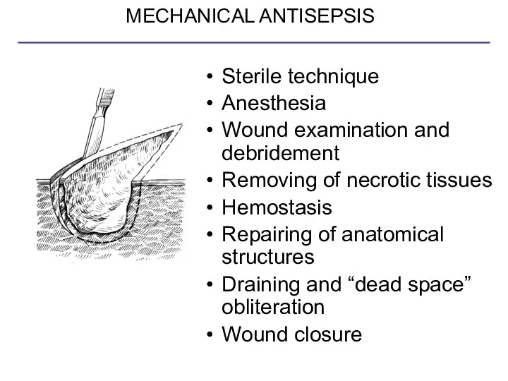 MECHANICAL ANTISEPSIS Sterile technique Anesthesia Wound examination and debridement Removing of necrotic tissues
