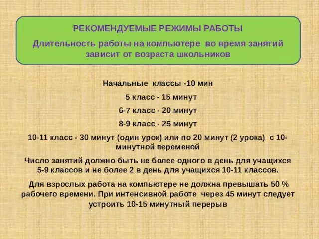 РЕКОМЕНДУЕМЫЕ РЕЖИМЫ РАБОТЫ Длительность работы на компьютере во время занятий