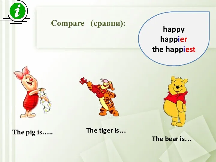 Compare (сравни): The pig is….. The tiger is… The bear is… happy happier the happiest