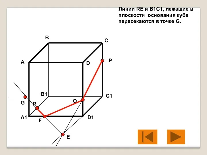 Линии RE и B1C1, лежащие в плоскости основания куба пересекаются