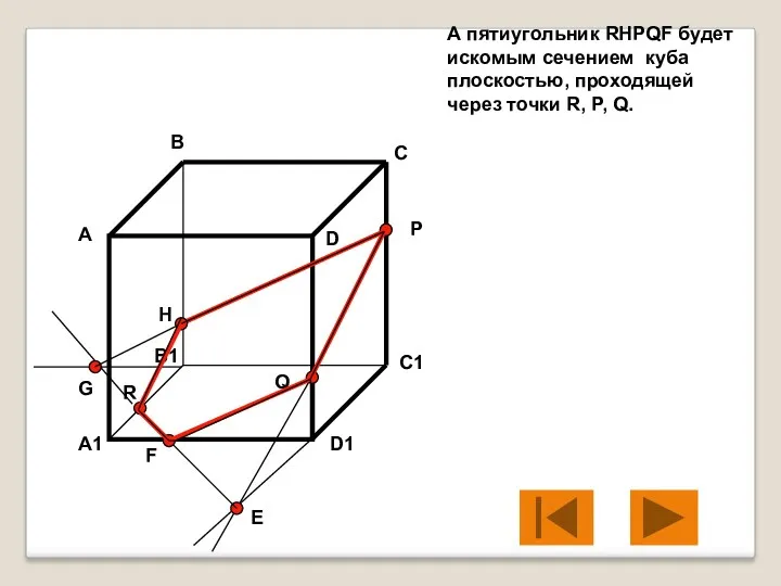 А пятиугольник RHPQF будет искомым сечением куба плоскостью, проходящей через