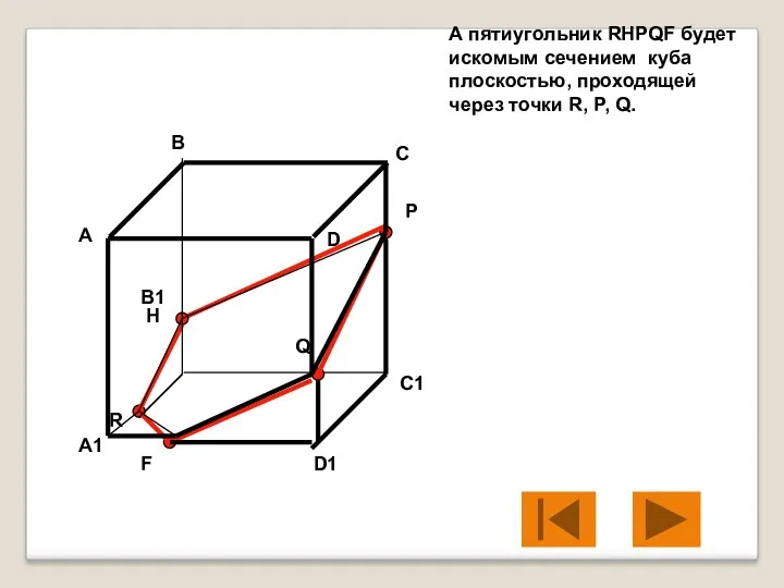 А пятиугольник RHPQF будет искомым сечением куба плоскостью, проходящей через