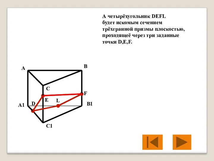 А четырёхугольник DEFL будет искомым сечением трёхгранной призмы плоскостью, проходящеё