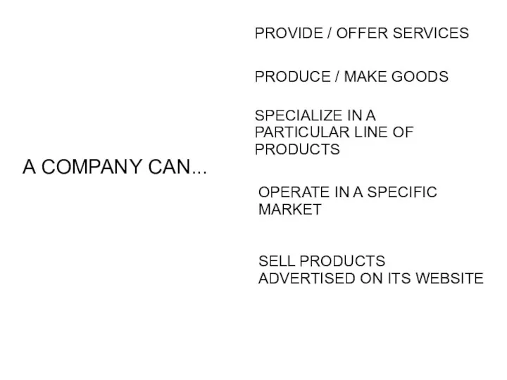 A COMPANY CAN... PROVIDE / OFFER SERVICES PRODUCE / MAKE GOODS SPECIALIZE IN