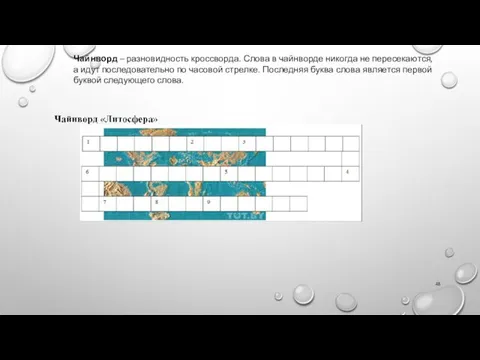 Чайнворд – разновидность кроссворда. Слова в чайнворде никогда не пересекаются,