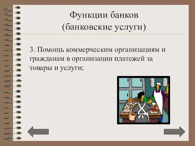 Функции банков (банковские услуги) 3. Помощь коммерческим организациям и гражданам