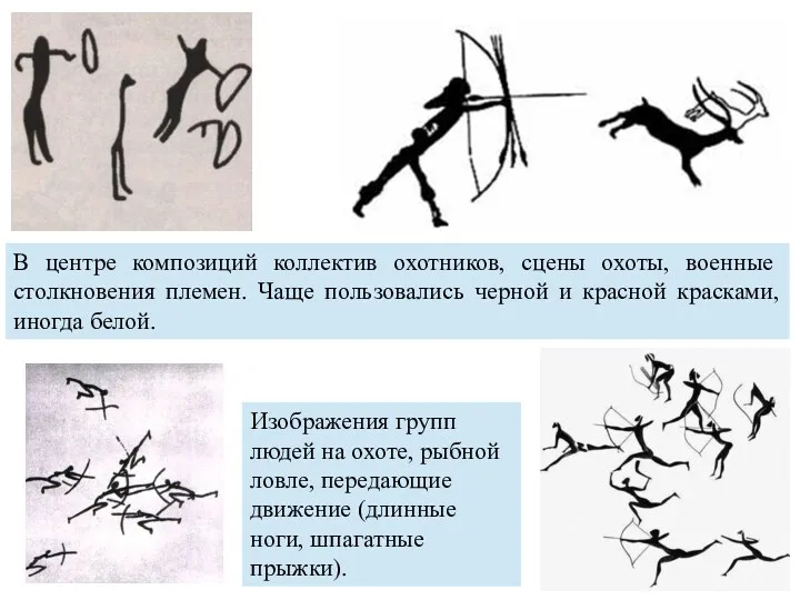 Изображения групп людей на охоте, рыбной ловле, передающие движение (длинные