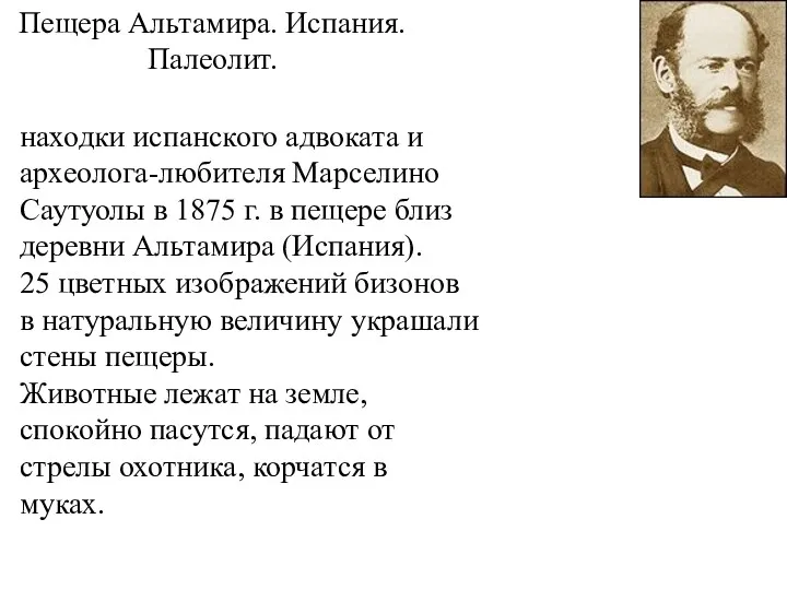 Пещера Альтамира. Испания. Палеолит. находки испанского адвоката и археолога-любителя Марселино Саутуолы в 1875