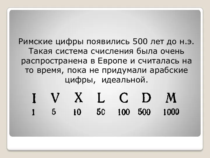 Римские цифры появились 500 лет до н.э. Такая система счисления