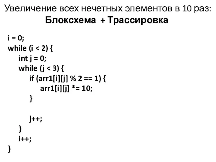 Увеличение всех нечетных элементов в 10 раз: Блоксхема + Трассировка