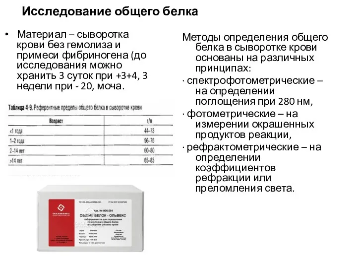 Исследование общего белка Материал – сыворотка крови без гемолиза и