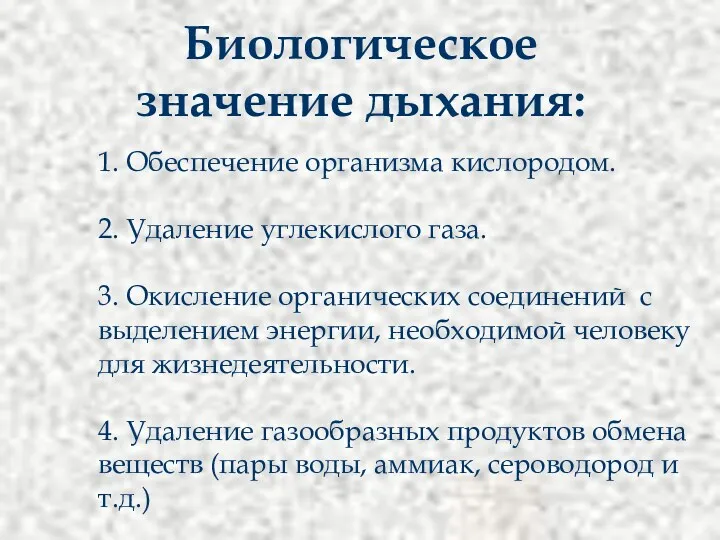 Биологическое значение дыхания: 1. Обеспечение организма кислородом. 2. Удаление углекислого газа. 3. Окисление