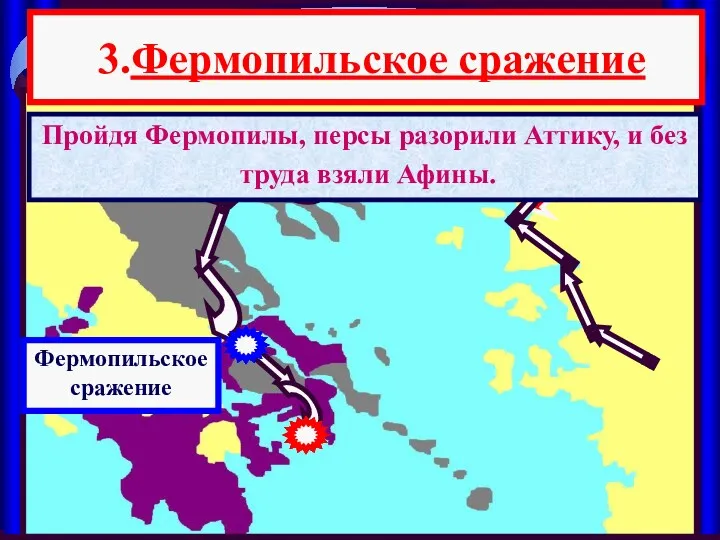 3.Фермопильское сражение Пройдя Фермопилы, персы разорили Аттику, и без труда взяли Афины. Фермопильское сражение