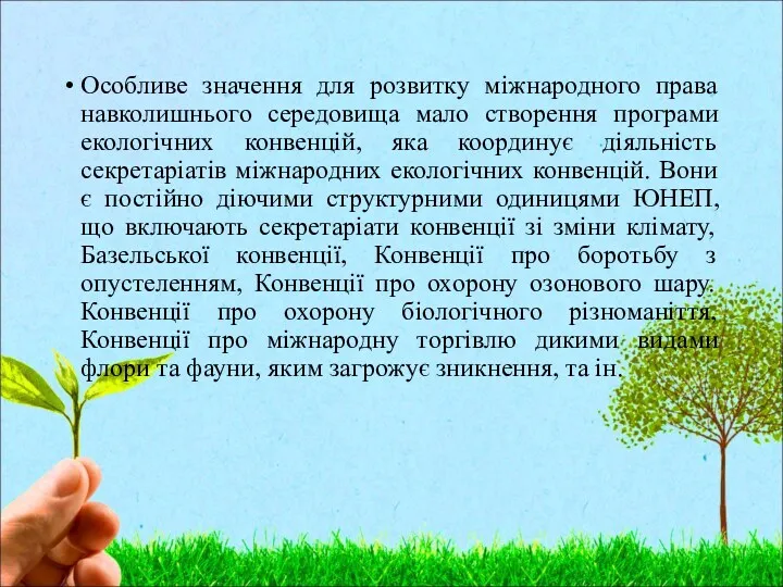 Особливе значення для розвитку міжнародного права навколишнього середовища мало створення