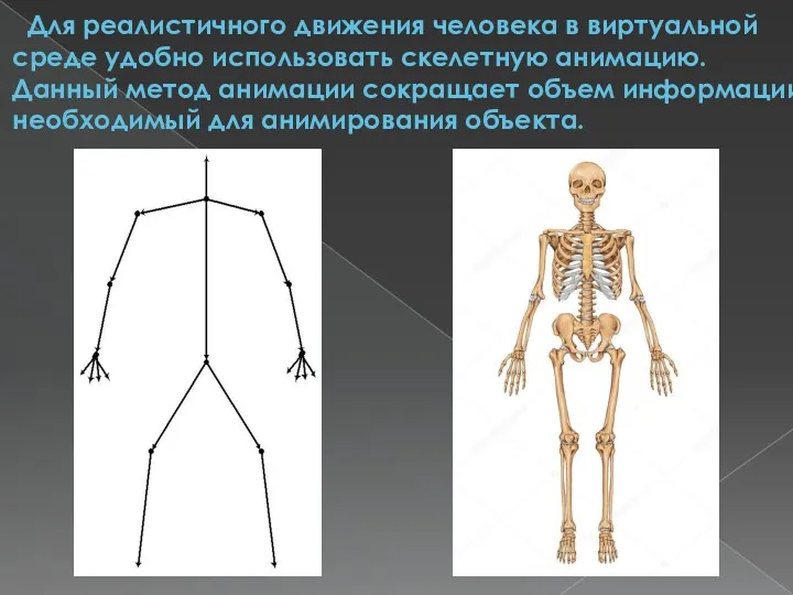 Для реалистичного движения человека в виртуальной среде удобно использовать скелетную анимацию. Данный метод