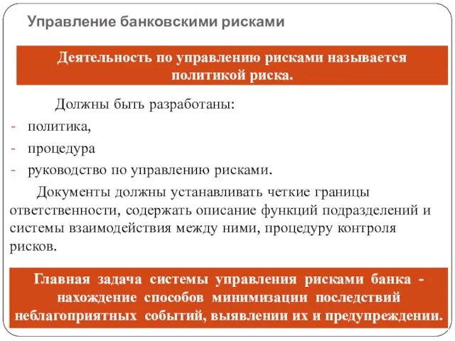 Управление банковскими рисками Должны быть разработаны: политика, процедура руководство по управлению рисками. Документы