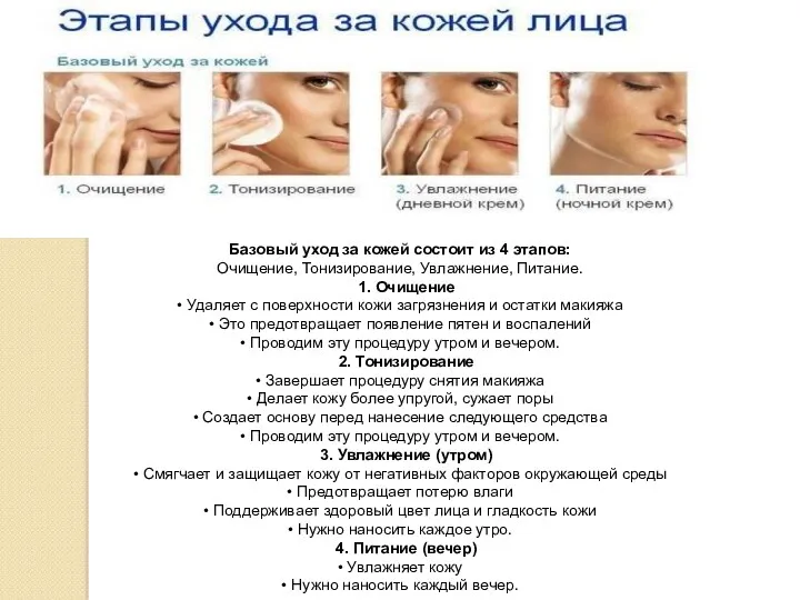 Базовый уход за кожей состоит из 4 этапов: Очищение, Тонизирование, Увлажнение, Питание. 1.