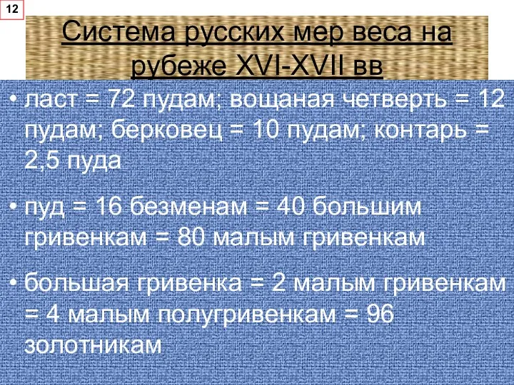 Система русских мер веса на рубеже XVI-XVII вв ласт =