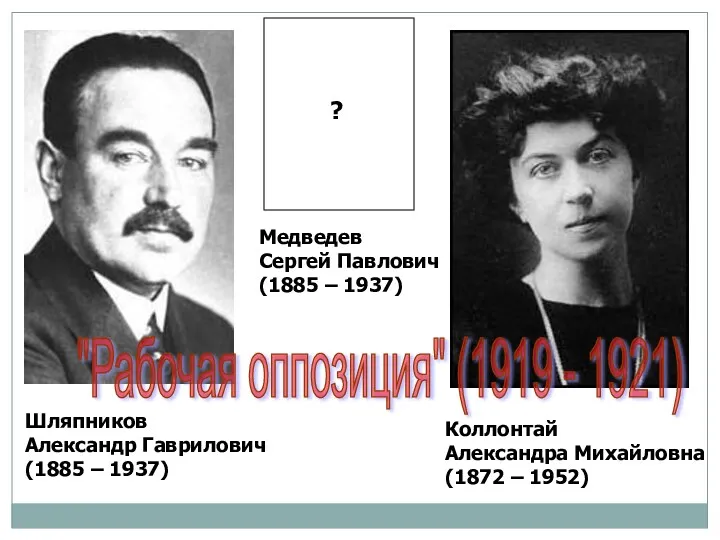 Шляпников Александр Гаврилович (1885 – 1937) Медведев Сергей Павлович (1885 – 1937) Коллонтай