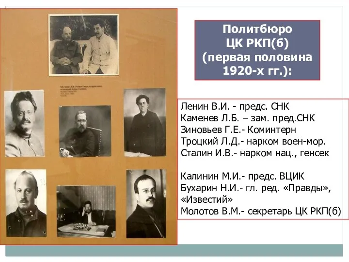 Политбюро ЦК РКП(б) (первая половина 1920-х гг.): Ленин В.И. - предс. СНК Каменев