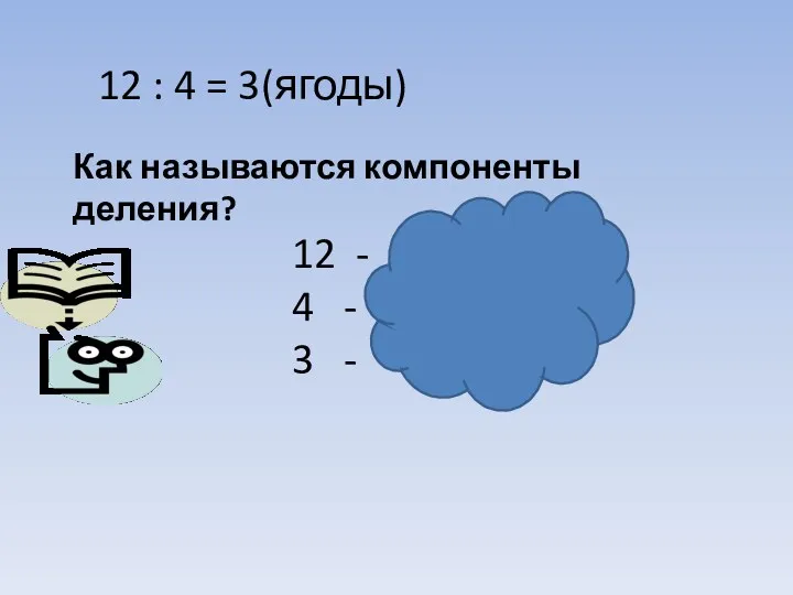 Как называются компоненты деления? 12 : 4 = 3(ягоды) 12