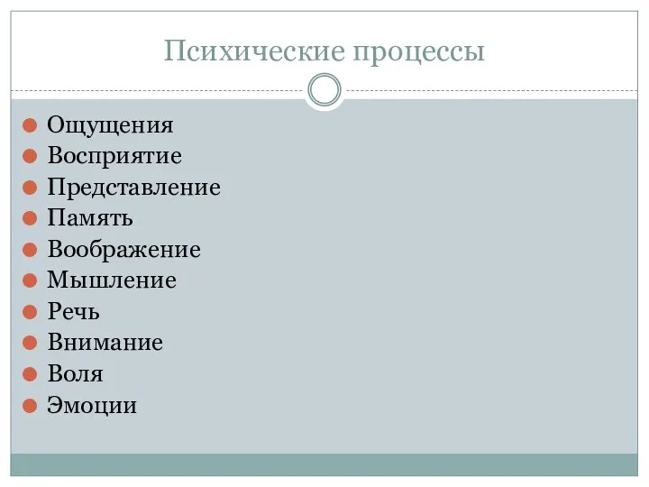 Психические процессы Ощущения Восприятие Представление Память Воображение Мышление Речь Внимание Воля Эмоции