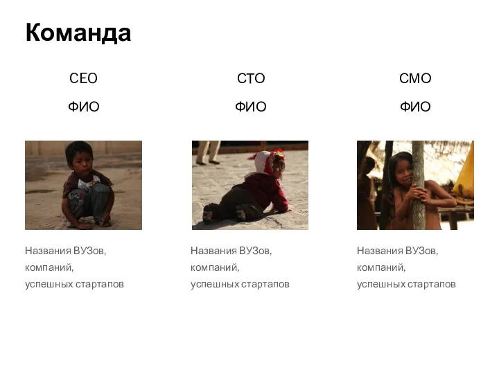 Команда CEO ФИО Названия ВУЗов, компаний, успешных стартапов СТО ФИО