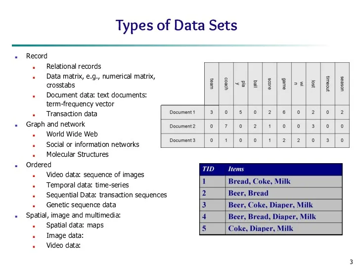 Types of Data Sets Record Relational records Data matrix, e.g.,