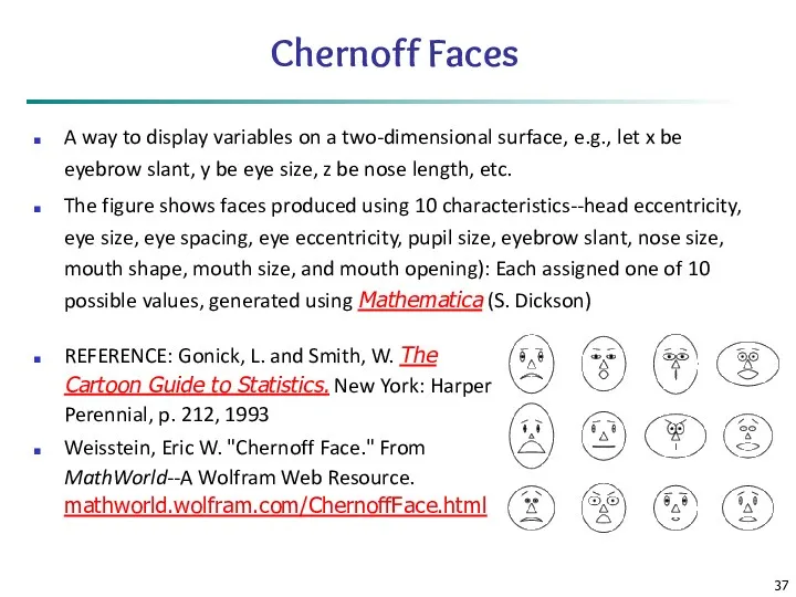 Chernoff Faces A way to display variables on a two-dimensional