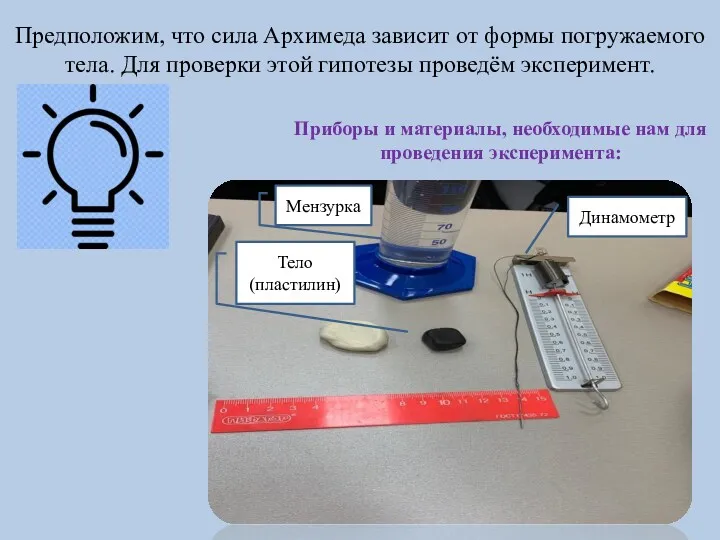 Предположим, что сила Архимеда зависит от формы погружаемого тела. Для