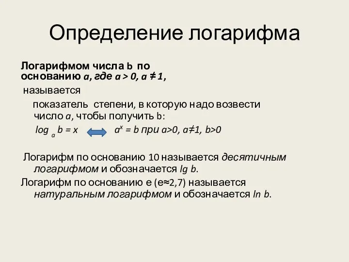 Определение логарифма Логарифмом числа b по основанию a, где a