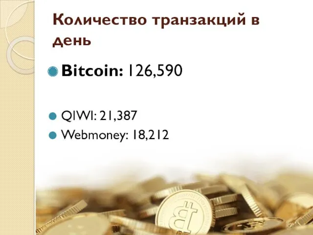 Количество транзакций в день Bitcoin: 126,590 QIWI: 21,387 Webmoney: 18,212