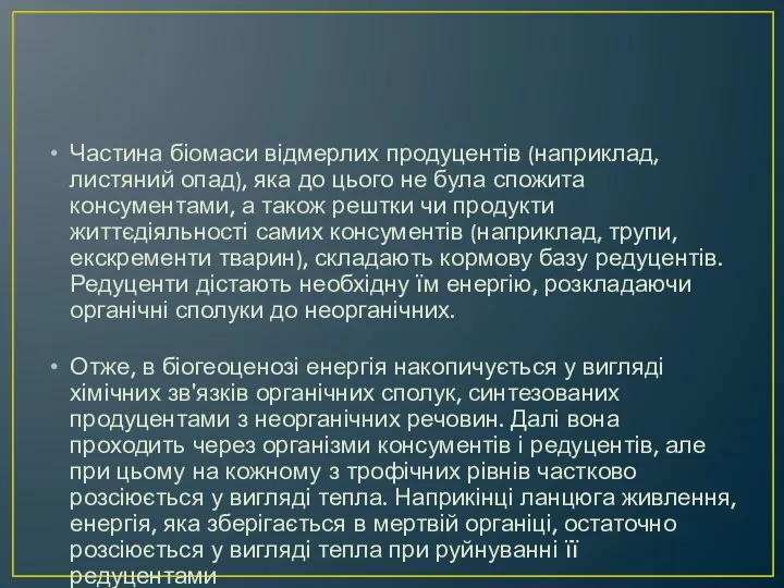 Частина біомаси відмерлих продуцентів (наприклад, листяний опад), яка до цього