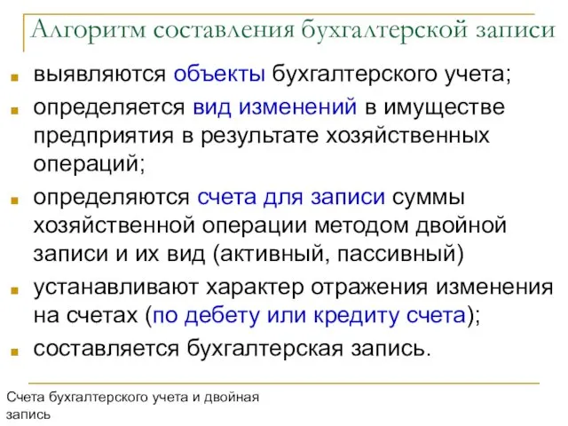 Алгоритм составления бухгалтерской записи выявляются объекты бухгалтерского учета; определяется вид