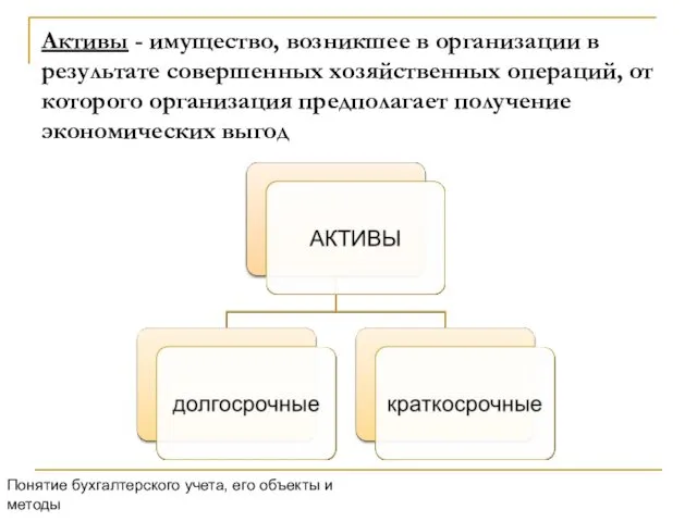 Активы - имущество, возникшее в организации в результате совершенных хозяйственных