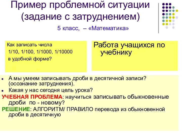 Пример проблемной ситуации (задание с затруднением) Как записать числа 1/10,