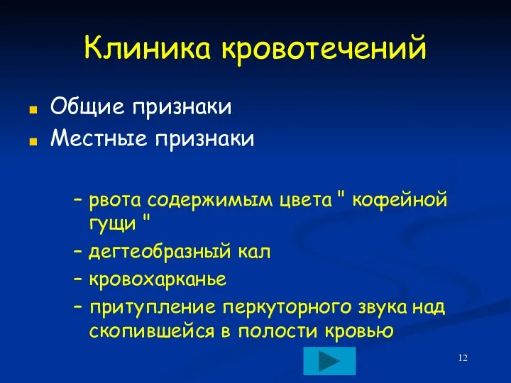 Клиника кровотечений Общие признаки Местные признаки рвота содержимым цвета "