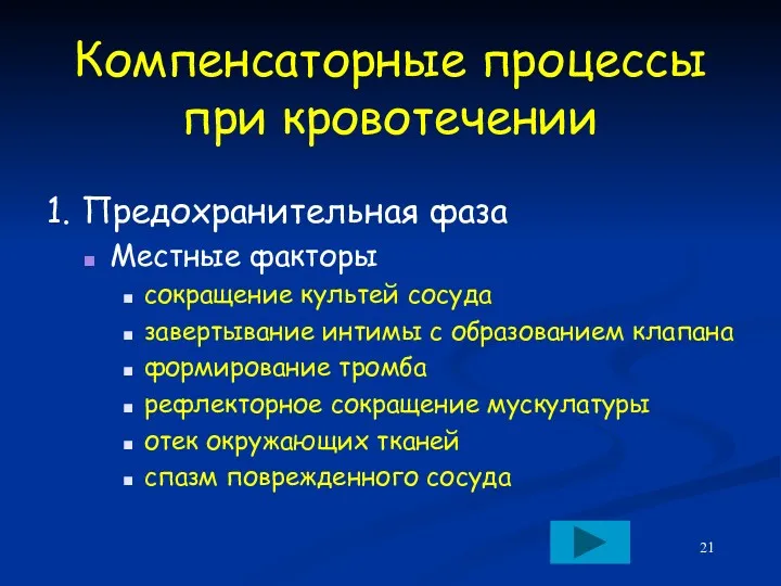 Компенсаторные процессы при кровотечении 1. Предохранительная фаза Местные факторы сокращение культей сосуда завертывание