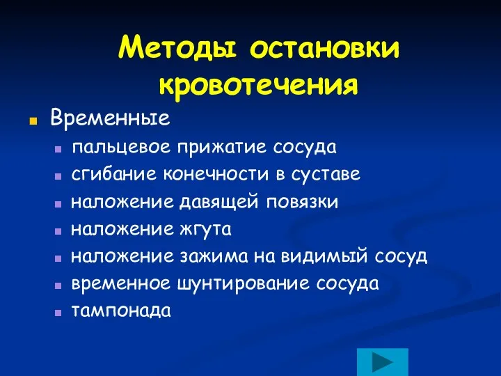 Методы остановки кровотечения Временные пальцевое прижатие сосуда сгибание конечности в суставе наложение давящей