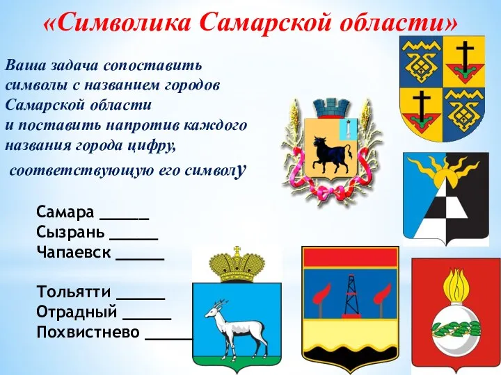 «Символика Самарской области» Ваша задача сопоставить символы с названием городов