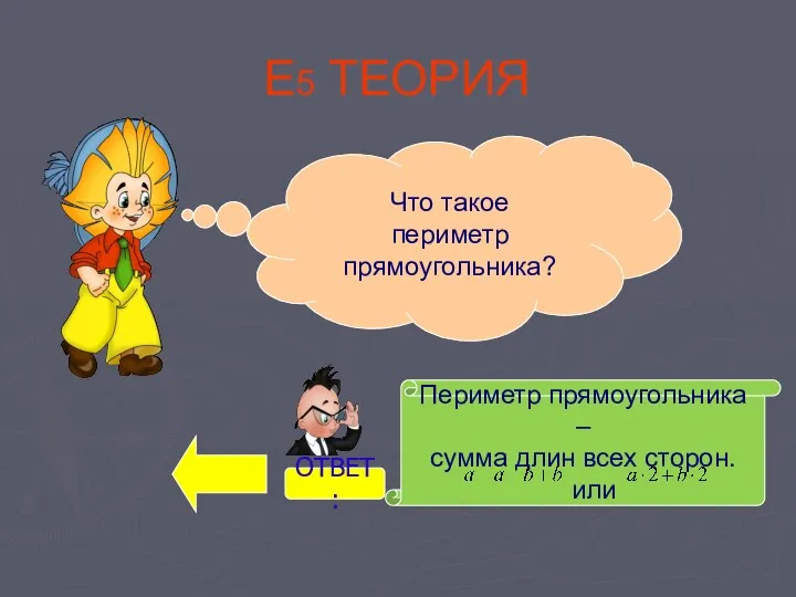 Е5 ТЕОРИЯ Что такое периметр прямоугольника? Периметр прямоугольника – сумма длин всех сторон. или ОТВЕТ: