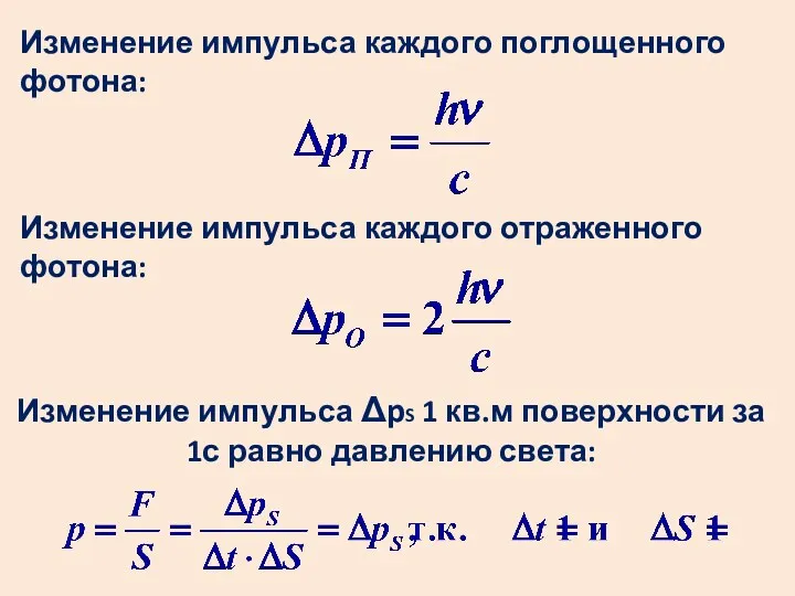 Изменение импульса каждого поглощенного фотона: Изменение импульса каждого отраженного фотона: