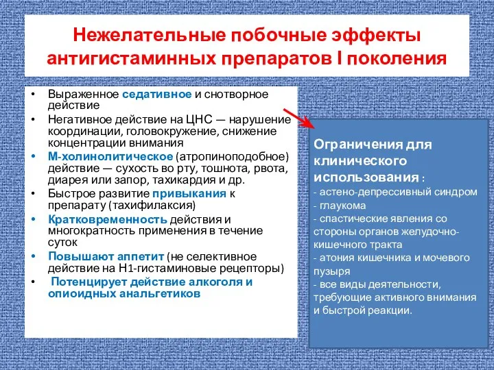 Нежелательные побочные эффекты антигистаминных препаратов І поколения Выраженное седативное и