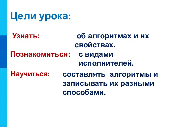 Задачи урока: Познакомиться: с видами исполнителей. Узнать: об алгоритмах и